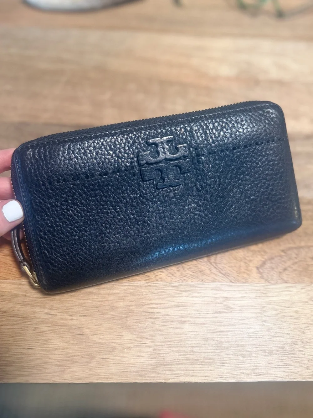 Tory Burch Black Pebbled Leather Zip-Around Wallet with Logo